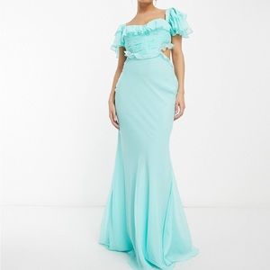 ASOS corset cut out maxi dress with angel sleeves & ruffle detail in turquoise